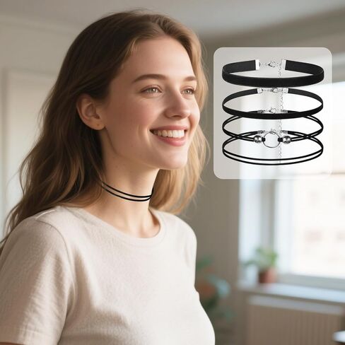 Black Choker Necklaces for Woman 4 Pcs Black Lace Velvet Chocker Set Gothic Necklace Layered Adjustable Jewelry Soft Collar Chain Accessories for Gifts Cosplay Party - Simple and Low-Key Style in Saudi Arabia