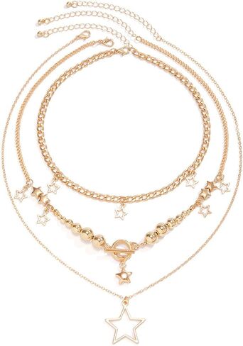 Multilayer Star Necklace for Women Y2k Necklace Grunge Layered Choker Necklace Gold Silver Star Tassel Pendant Necklace Cute Aesthetic Stack Toggle Chain Necklaces Gothic Vintage Emo Jewelry Set in Saudi Arabia
