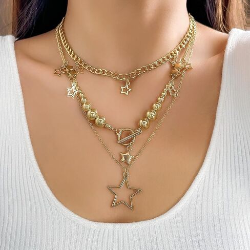 Multilayer Star Necklace for Women Y2k Necklace Grunge Layered Choker Necklace Gold Silver Star Tassel Pendant Necklace Cute Aesthetic Stack Toggle Chain Necklaces Gothic Vintage Emo Jewelry Set in Saudi Arabia