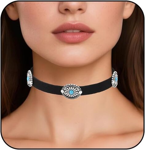 Western Necklace for Women Boho Turquoise Choker Necklace Vintage Black Leather Choker Necklace Country Concert Outfits Jewelry Accessories in Saudi Arabia