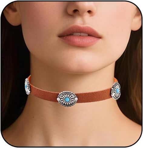 Western Necklace for Women Boho Turquoise Choker Necklace Vintage Black Leather Choker Necklace Country Concert Outfits Jewelry Accessories in Saudi Arabia