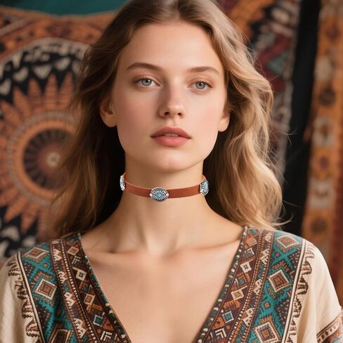 Western Necklace for Women Boho Turquoise Choker Necklace Vintage Black Leather Choker Necklace Country Concert Outfits Jewelry Accessories in Saudi Arabia