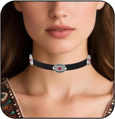 Western Necklace for Women Boho Turquoise Choker Necklace Vintage Black Leather Choker Necklace Country Concert Outfits Jewelry Accessories in Saudi Arabia
