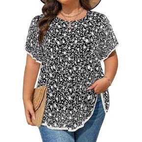 Siddhe Womens Plus Size Tops Ruffle Sleeve Lace Peasant Blouse Chiffon Floral Boho Beach Vacation Holiday Tunic Tops in Kuwait