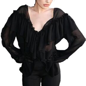 بلوزة كشكش للنساء مثير ربطة عنق شيفون قميص طويل الأكمام فضفاضة ملائمة التدفق coquette أعلى الشارع in Kuwait