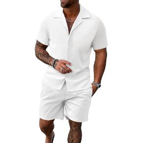 UOUA 2 Piece Short Sets for Men Summer Beach Outfits Stripe Texture Button Down Shirts & Shorts Casual Vacation Set in Kuwait