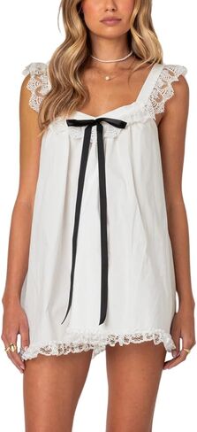 Women Y2K Lace Trim Slip Dress Casual Bow Tie Pleated Ruffle Tunic Dress Summer Outgoing Solid Color Short Sundress in Saudi Arabia