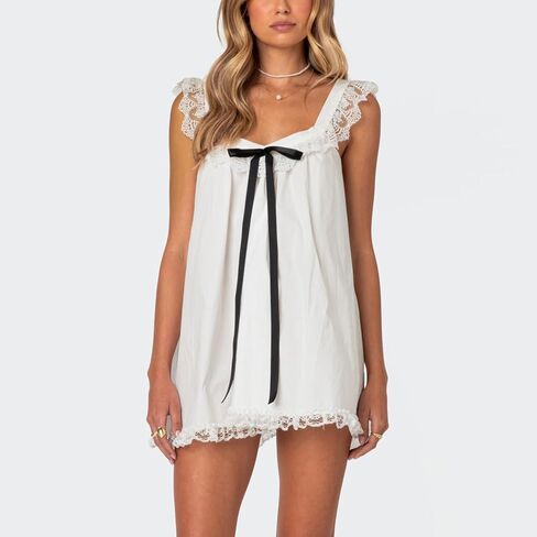 Women Y2K Lace Trim Slip Dress Casual Bow Tie Pleated Ruffle Tunic Dress Summer Outgoing Solid Color Short Sundress in Saudi Arabia