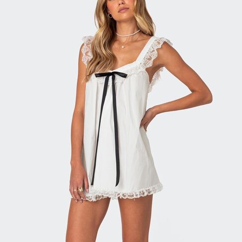 Women Y2K Lace Trim Slip Dress Casual Bow Tie Pleated Ruffle Tunic Dress Summer Outgoing Solid Color Short Sundress in Saudi Arabia