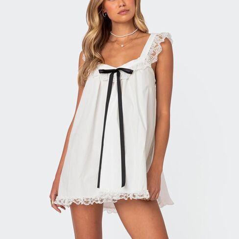 Women Y2K Lace Trim Slip Dress Casual Bow Tie Pleated Ruffle Tunic Dress Summer Outgoing Solid Color Short Sundress in Saudi Arabia