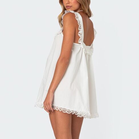 Women Y2K Lace Trim Slip Dress Casual Bow Tie Pleated Ruffle Tunic Dress Summer Outgoing Solid Color Short Sundress in Saudi Arabia