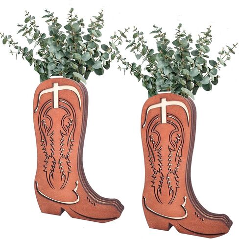 2 Pcs Wood Cowboy Boot Vase for Flowers Faux Greenery, Cowgirl Boot Decor, Western Wall Decor for Bathroom, Bedroom, Kitchen(Retro Style) in Kuwait