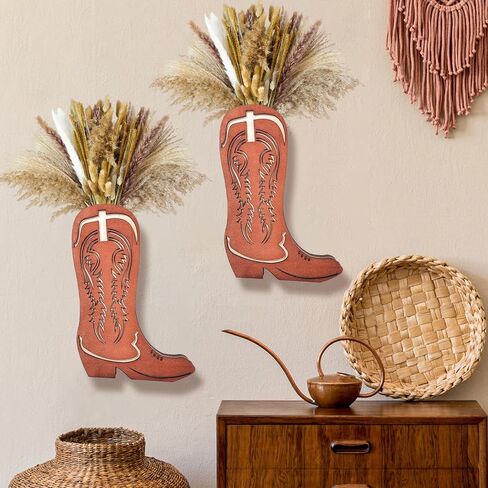 2 Pcs Wood Cowboy Boot Vase for Flowers Faux Greenery, Cowgirl Boot Decor, Western Wall Decor for Bathroom, Bedroom, Kitchen(Retro Style) in Kuwait