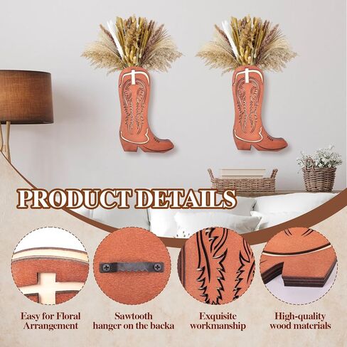 2 Pcs Wood Cowboy Boot Vase for Flowers Faux Greenery, Cowgirl Boot Decor, Western Wall Decor for Bathroom, Bedroom, Kitchen(Retro Style) in Kuwait