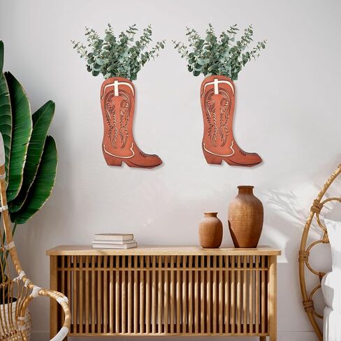 2 Pcs Wood Cowboy Boot Vase for Flowers Faux Greenery, Cowgirl Boot Decor, Western Wall Decor for Bathroom, Bedroom, Kitchen(Retro Style) in Kuwait