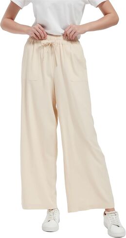 Tronjori Women Linen Blend Palazzo Pants Summer Boho Wide Leg High Weist Lounge Pant مع الرباط in Kuwait