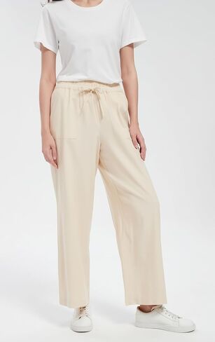 Tronjori Women Linen Blend Palazzo Pants Summer Boho Wide Leg High Weist Lounge Pant مع الرباط in Kuwait
