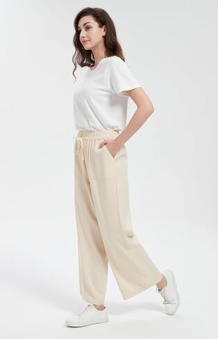 Tronjori Women Linen Blend Palazzo Pants Summer Boho Wide Leg High Weist Lounge Pant مع الرباط in Kuwait