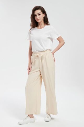 Tronjori Women Linen Blend Palazzo Pants Summer Boho Wide Leg High Weist Lounge Pant مع الرباط in Kuwait