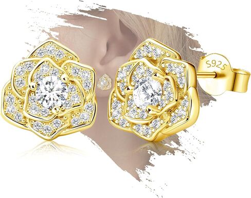 Rose Flower Earrings for Women - Sterling Silver Classic Stud Earrings Hypoallergenic Cubic Zirconia Rose Earrings Lightweight Sparkle Earrings for Mother Wife Gift for Birthday Christmas Anniversary in Saudi Arabia