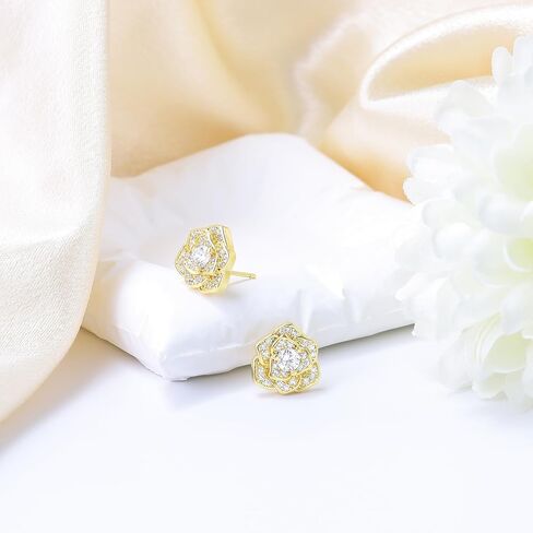 Rose Flower Earrings for Women - Sterling Silver Classic Stud Earrings Hypoallergenic Cubic Zirconia Rose Earrings Lightweight Sparkle Earrings for Mother Wife Gift for Birthday Christmas Anniversary in Saudi Arabia
