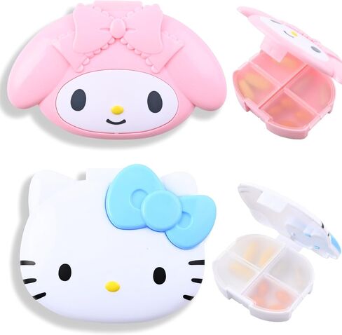 San -Rio Kitty & Mymelody Pill Box - 4 Compartment Weekly Pill Organizer - Fun Medicine Pill Organizer - علبة حبوب منع الحمل متينة مع Snap Closure (Kitty + Mymeloday) in Kuwait