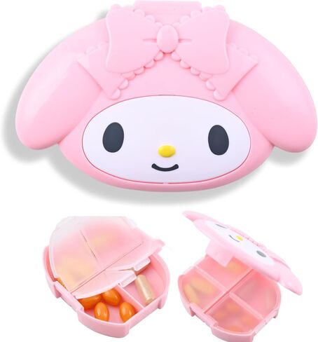 San -Rio Kitty & Mymelody Pill Box - 4 Compartment Weekly Pill Organizer - Fun Medicine Pill Organizer - علبة حبوب منع الحمل متينة مع Snap Closure (Kitty + Mymeloday) in Kuwait