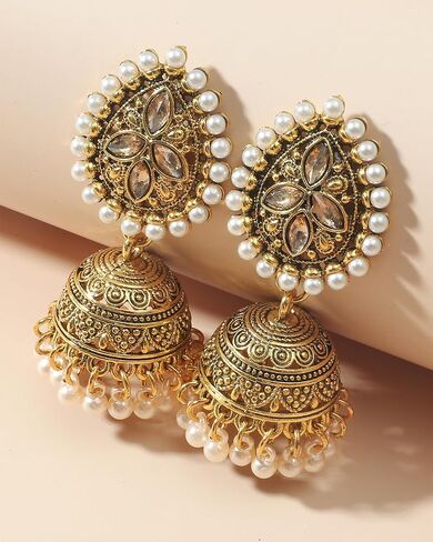 أقراط Jhumkas الهندية للنساء الهنديات بوليوود الثريا القرصية أقراط الذهب العرقي العرقي التقليدي Jhumka jhumki حلقات الزفاف حفل زفاف حفلة موسيقية في المجوهرات in Kuwait
