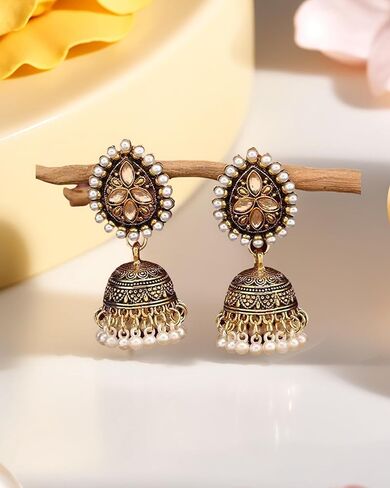 أقراط Jhumkas الهندية للنساء الهنديات بوليوود الثريا القرصية أقراط الذهب العرقي العرقي التقليدي Jhumka jhumki حلقات الزفاف حفل زفاف حفلة موسيقية في المجوهرات in Kuwait