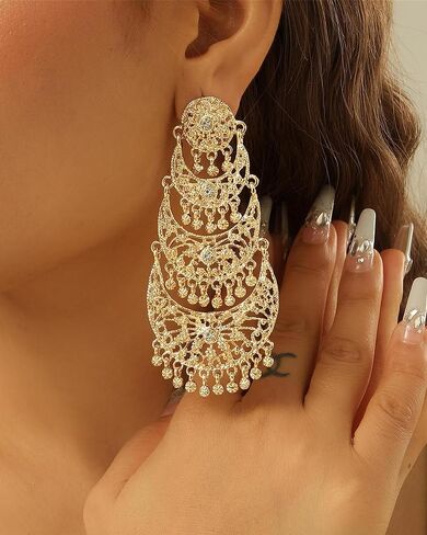 أقراط Jhumkas الهندية للنساء الهنديات بوليوود الثريا القرصية أقراط الذهب العرقي العرقي التقليدي Jhumka jhumki حلقات الزفاف حفل زفاف حفلة موسيقية في المجوهرات in Kuwait