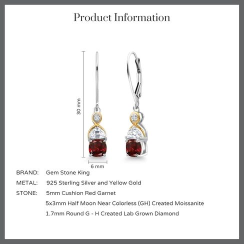 Gem Stone King 2.10 Cttw Cushion Garnet Half Moon Moissanite and Lab Grown Diamond Dangle Earrings For Women | 925 Silver and 10K Yellow Gold | Fine Jewelry Gifts for Her Mom Women Wife in Saudi Arabia
