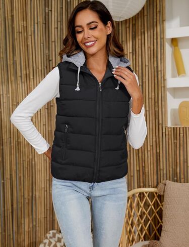 Gihuo Women's Puffer Vest Zip Up Quilted Padded Winter Sleeveless Hooded Vest Gilet Warm Jacket Outerwear VestBlack-XLarge in Kuwait