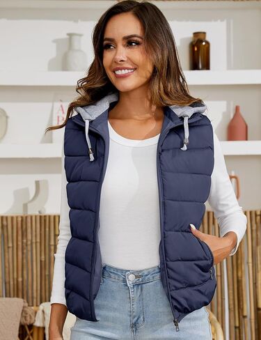 Gihuo Women's Puffer Vest Zip Up Quilted Padded Winter Sleeveless Hooded Vest Gilet Warm Jacket Outerwear VestBlack-XLarge in Kuwait
