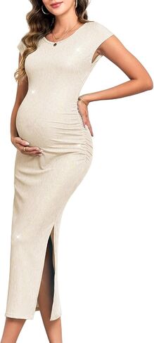Women's Split Maternity Dress Fine Ribbed with Sparkly Gold Foil, Bodycon Ruched Pregnancy Dresses Baby Shower in Saudi Arabia