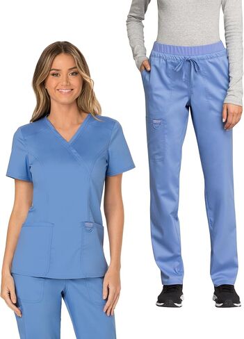 Cherokee Women's Scrub Set Mock Wrap Top with Princess Seams WW610 Mid Rise Tapered Leg Elastic Waist Drawstring Pant WW105 in Saudi Arabia