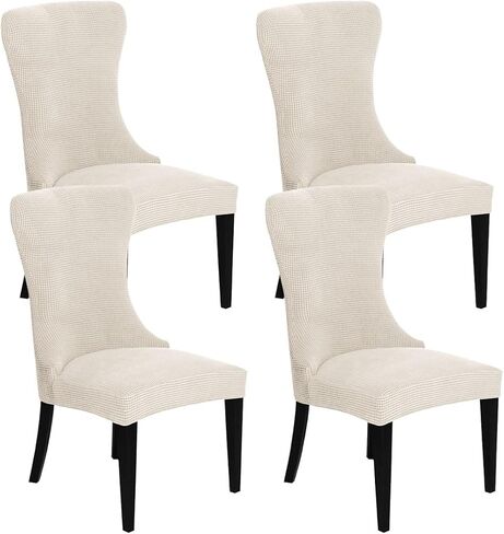 غلاف كرسي Wingback Jacquard Wingback كرسي الطعام يغطي امتداد قابلة للغسل كرسي قابل للزحف للحامي لمأمة غرفة الطعام مجموعة ديكور المنزل من 4 بيج in Kuwait