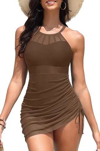 Womens Swim Dress One Piece - Swimsuit with Skirt Tummy Control Bathing Suit High Neck Mesh Swimwear 2025 in Kuwait