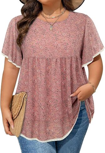 Siddhe Womens Plus Size Tops Shuffle Sleeve Lace Peasant Blouse Chiffon Floral Boho Beach Holiday Tops Tops Tops in Kuwait