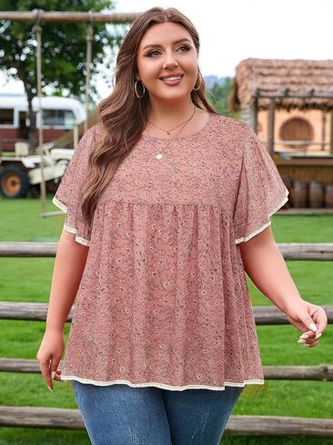 Siddhe Womens Plus Size Tops Shuffle Sleeve Lace Peasant Blouse Chiffon Floral Boho Beach Holiday Tops Tops Tops in Kuwait