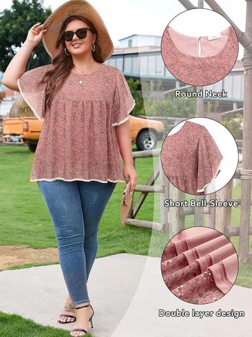 Siddhe Womens Plus Size Tops Shuffle Sleeve Lace Peasant Blouse Chiffon Floral Boho Beach Holiday Tops Tops Tops in Kuwait
