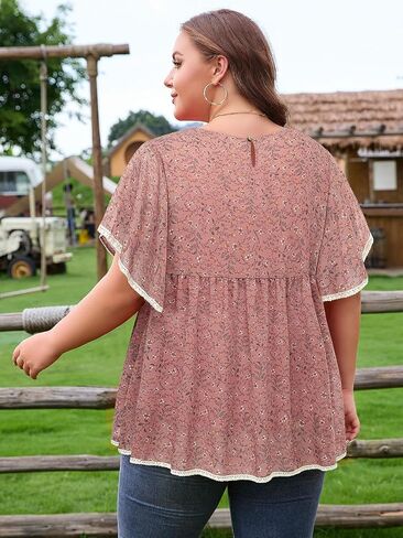 Siddhe Womens Plus Size Tops Shuffle Sleeve Lace Peasant Blouse Chiffon Floral Boho Beach Holiday Tops Tops Tops in Kuwait