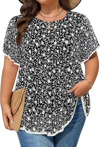 Siddhe Womens Plus Size Tops Ruffle Sleeve Lace Peasant Blouse Chiffon Floral Boho Beach Vacation Holiday Tunic Tops in Kuwait