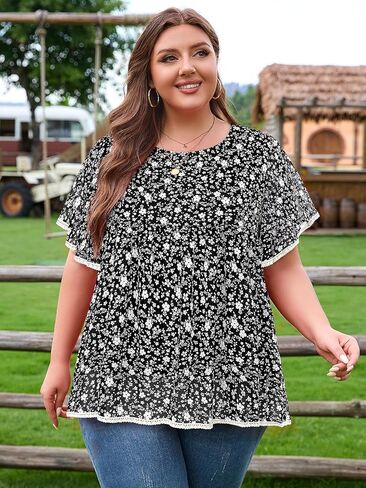 Siddhe Womens Plus Size Tops Ruffle Sleeve Lace Peasant Blouse Chiffon Floral Boho Beach Vacation Holiday Tunic Tops in Kuwait