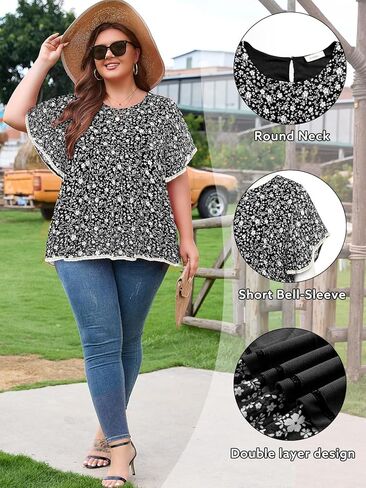 Siddhe Womens Plus Size Tops Ruffle Sleeve Lace Peasant Blouse Chiffon Floral Boho Beach Vacation Holiday Tunic Tops in Kuwait