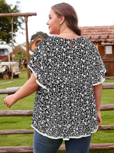 Siddhe Womens Plus Size Tops Ruffle Sleeve Lace Peasant Blouse Chiffon Floral Boho Beach Vacation Holiday Tunic Tops in Kuwait