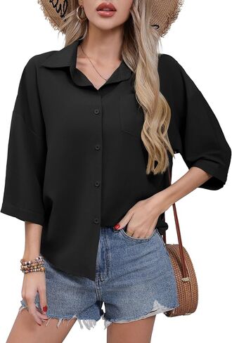 Hiyiyeyzi Women's Button Down Down Disual 3/4 Sleeve Dress Dress Tirts Collared Work Blouse with Pocket in Kuwait