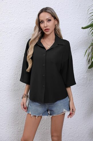 Hiyiyeyzi Women's Button Down Down Disual 3/4 Sleeve Dress Dress Tirts Collared Work Blouse with Pocket in Kuwait