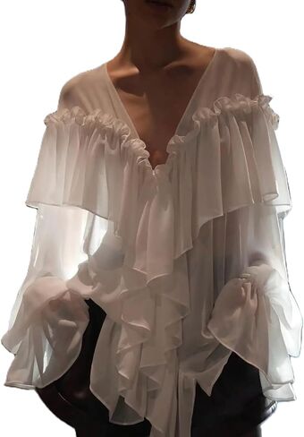 Ruffle Blouse for Women Sexy Sheer Tie Front Chiffon Shirt Long Sleeve Loose Fit Flowy Coquette Top Streetwear in Saudi Arabia