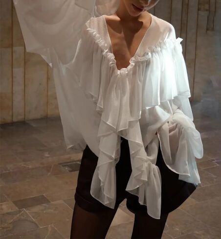 Ruffle Blouse for Women Sexy Sheer Tie Front Chiffon Shirt Long Sleeve Loose Fit Flowy Coquette Top Streetwear in Saudi Arabia