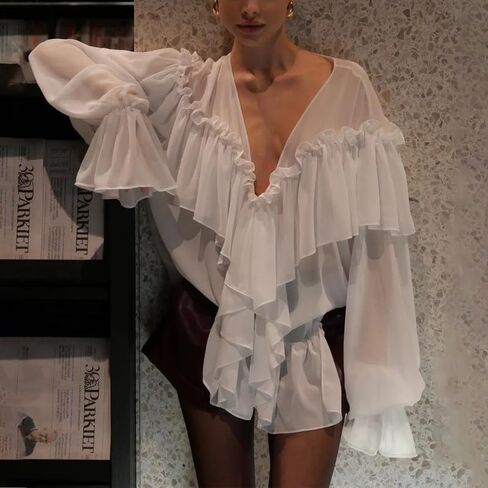 Ruffle Blouse for Women Sexy Sheer Tie Front Chiffon Shirt Long Sleeve Loose Fit Flowy Coquette Top Streetwear in Saudi Arabia
